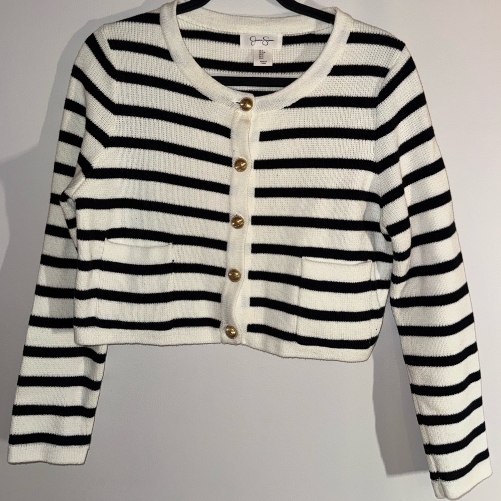 Jessica Simpson Black and White Striped Cardigan with Gold Accent - Picture 1 of 4